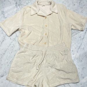 Aritzia Wilfred Free Terry Cloth Lounge Set – Shorts & Button Up (Cream, XS/S)